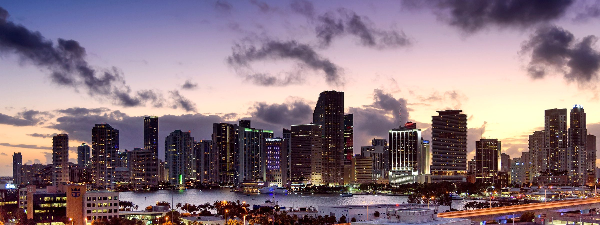 Downtown Miami skyline at sunset, facing southwest from Cruise Terminal F, Port of Miami on Dodge Island